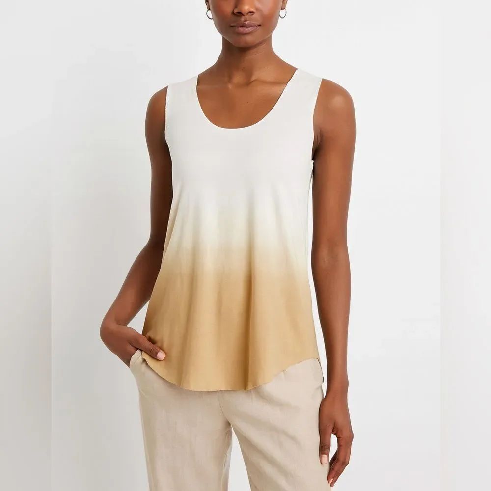 PLANET By Lauren G Ombre Dip Dye Pima Cotton Tank Tunic Top White Tan 10-14
